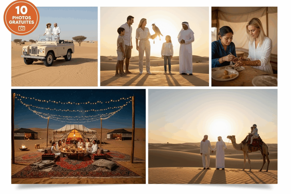 Collage de photos d'un safari désert authentique à Dubaï incluant une excursion en Land Rover vintage, une famille avec un faucon, un dîner dans un camp bédouin, une balade à chameau et du henné, avec une offre de 10 photos gratuites.